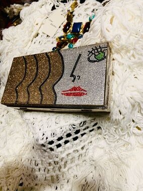 Crystal Face-Embellished Evening Clutch in Gold & Silver
